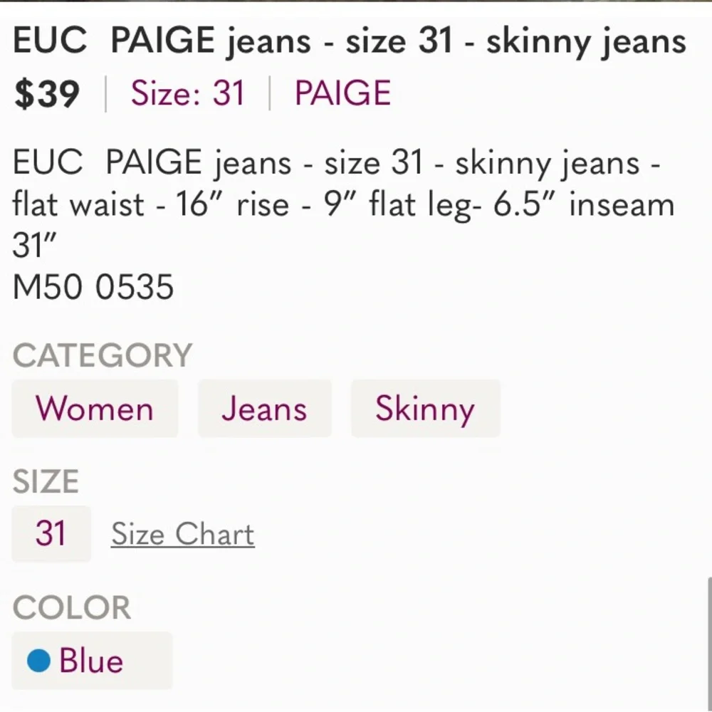 Excellent Preowned Condition Paige Skyline Skinny Jeans Size 31.